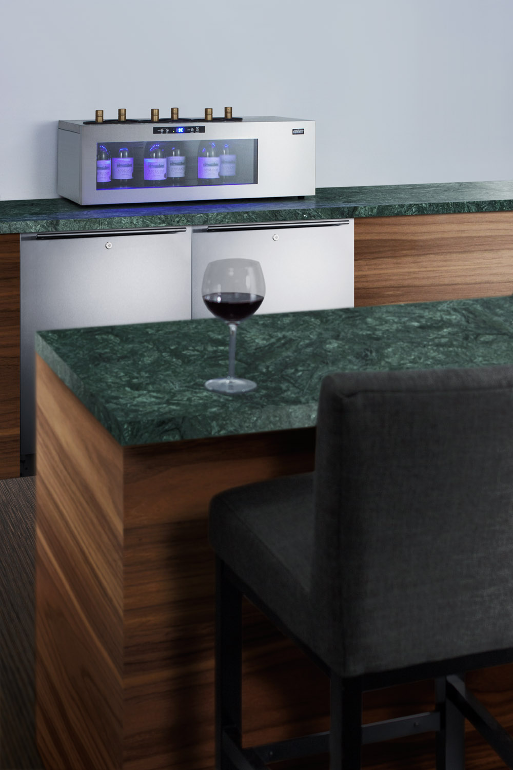 Commercially approved open bottle wine & champagne cooler in stainless steel with digital controls and compressor-cooled design for countertop use designed for the refrigeration and display of wine